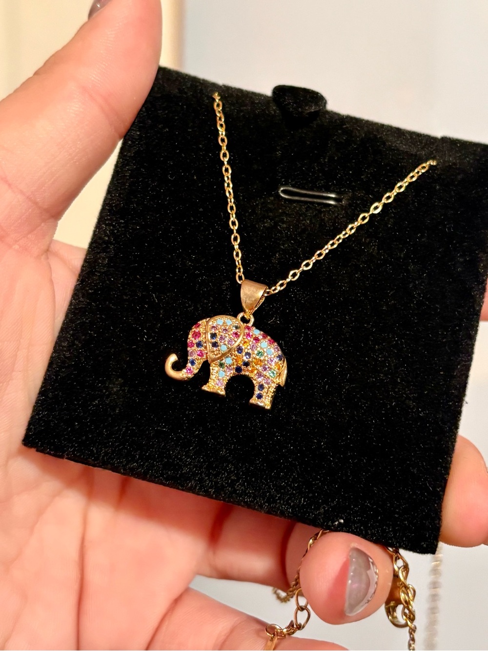 Adorable Elephant Necklace Gold & Multi-color Rhinestones S. Steel Adjustable
